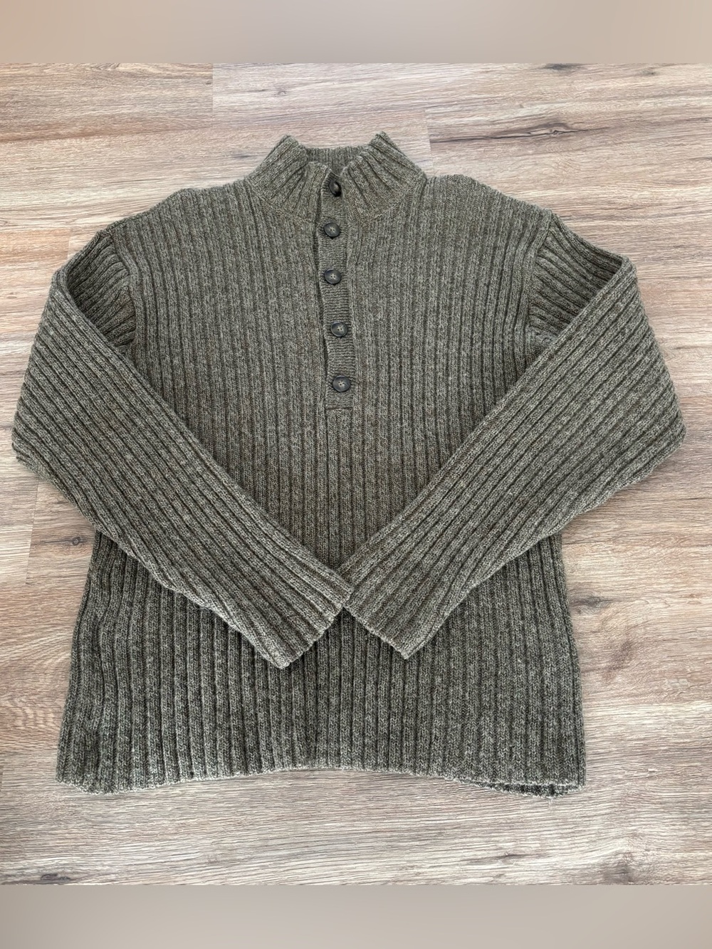 ALPS wool Men's L large Green Ribbed Button Neck cable knit Pullover Sweater.